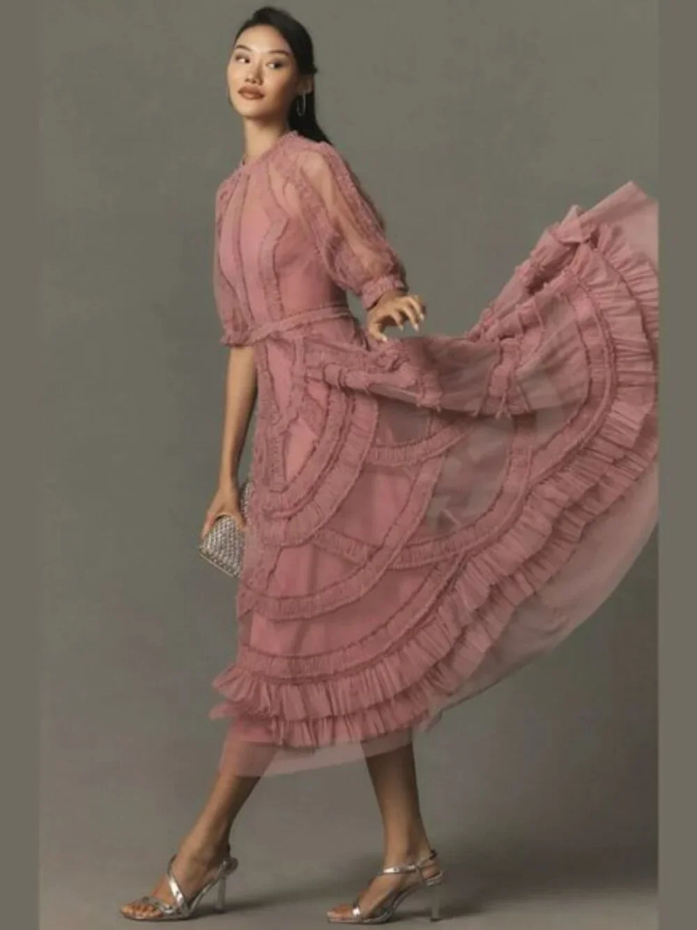 Anthropologie Mac Duggal 8058 Pink High Neck Micro Ruffle Tiered Midi Dress - Picture 3 of 6